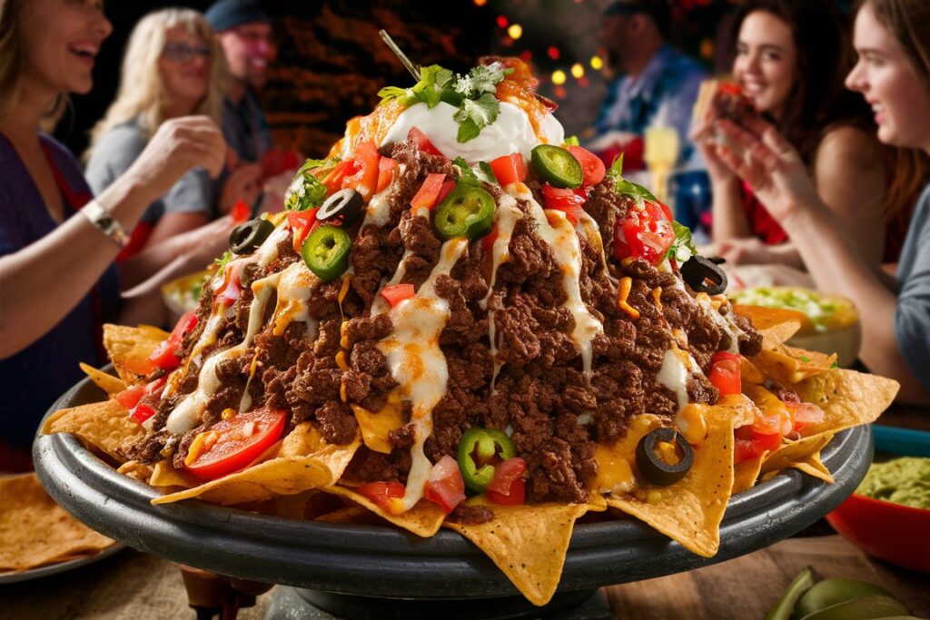  A plate of crispy beef nachos loaded with melted cheese, fresh toppings, and jalapeños, served on a rustic wooden table.