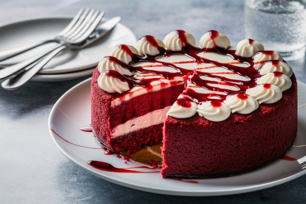 Red velvet cheesecake with a creamy layer and vibrant red cake base.