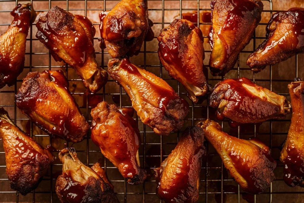 A plate of smoky barbecue chicken wings with a side of homemade coleslaw and a cold drink on a picnic table.