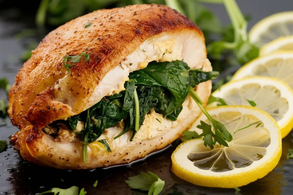 Close-up of sliced spinach stuffed chicken breast with melted cheese