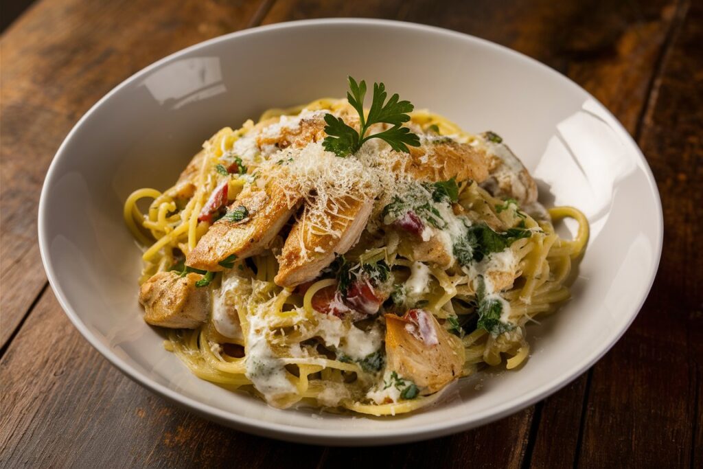 "Delicious plate of creamy Marry Me Chicken Pasta with juicy chicken, pasta, and savory sauce."