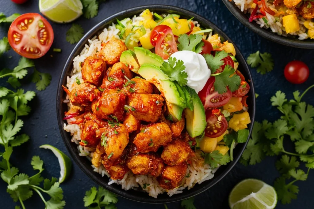 Zesty Street Corn Chicken Rice Bowl with grilled chicken, creamy corn, and seasoned rice.