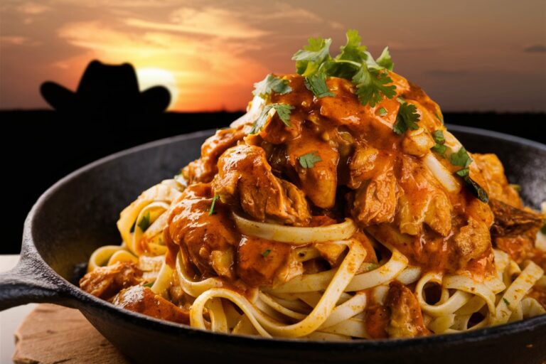 Cowboy Butter Chicken Linguine topped with freshly grated Parmesan and a sprinkle of herbs.