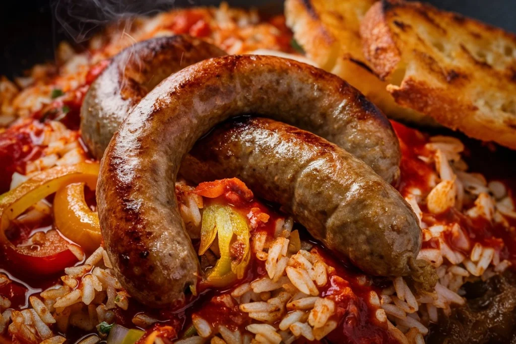 A flavorful sausage and rice dish served in a black skillet, garnished with fresh herbs.