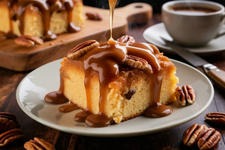 Close-up of a Butter Pecan Praline Poke Cake slice showcasing its rich, moist texture.