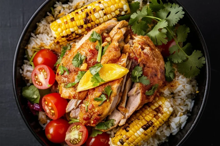 Zesty Street Corn Chicken Rice Bowl served in a bowl with lime wedges and cilantro.