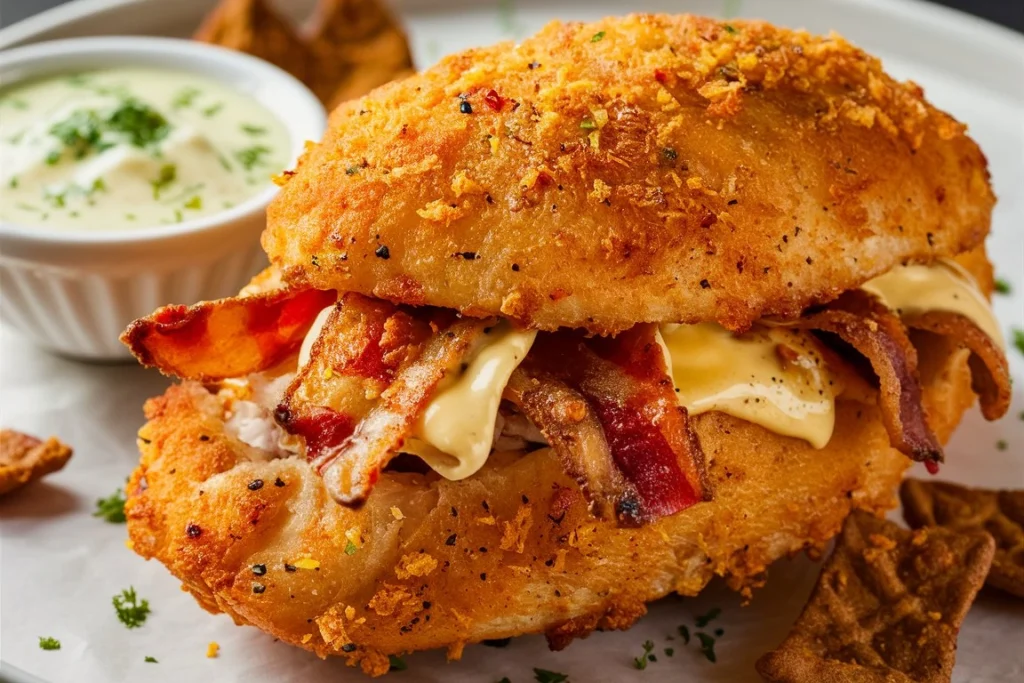 Close-up of a stuffed chicken breast with Doritos coating