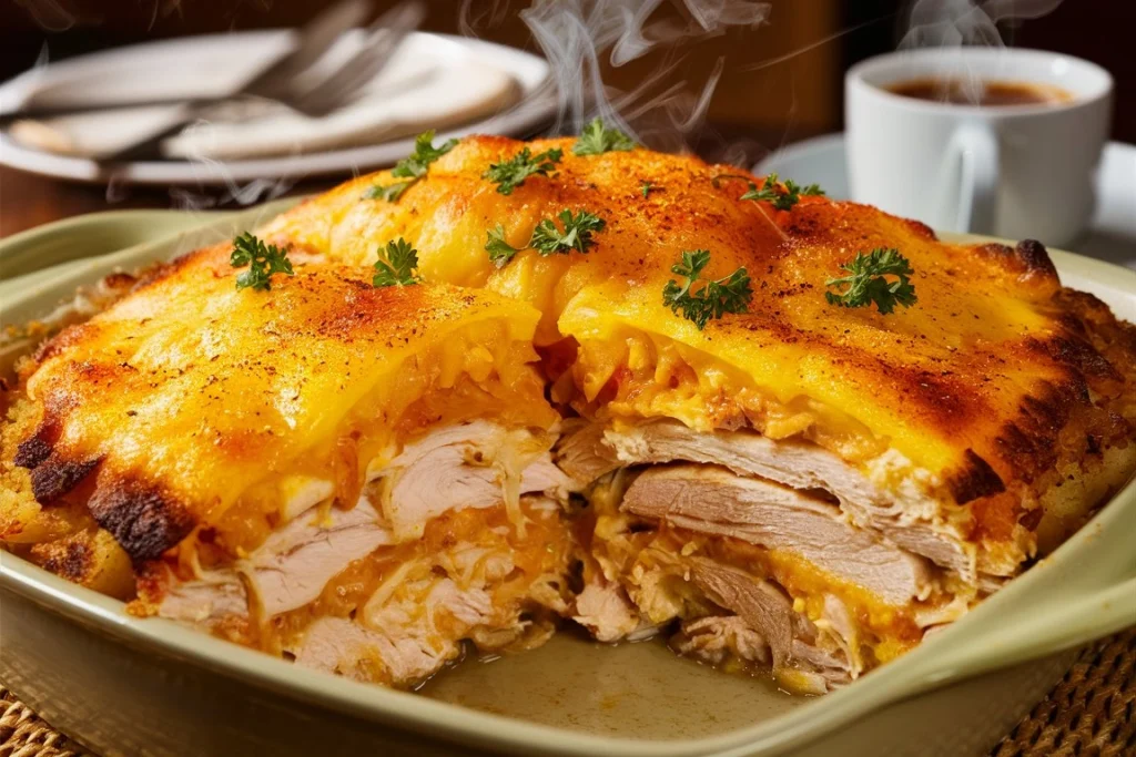 Golden-brown Chicken Hashbrown Casserole fresh out of the oven, topped with melted cheese.