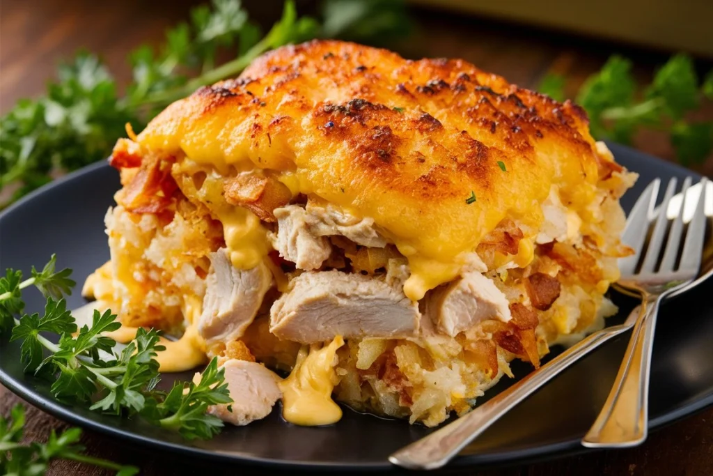 A close-up of a serving of Chicken Hashbrown Casserole with a golden, cheesy crust.