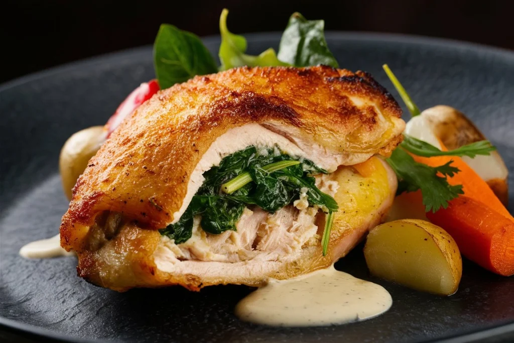 Spinach Stuffed Chicken Breast served with a side of vegetables