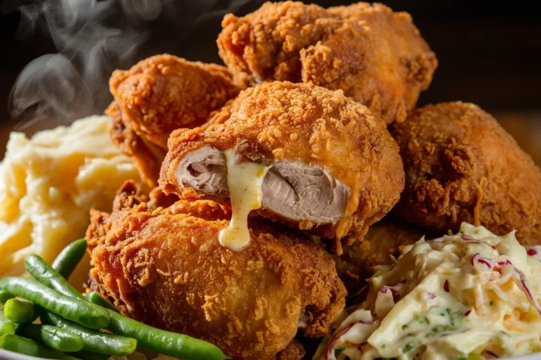 Crispy, golden-brown Southern fried chicken served on a plate with dipping sauce.