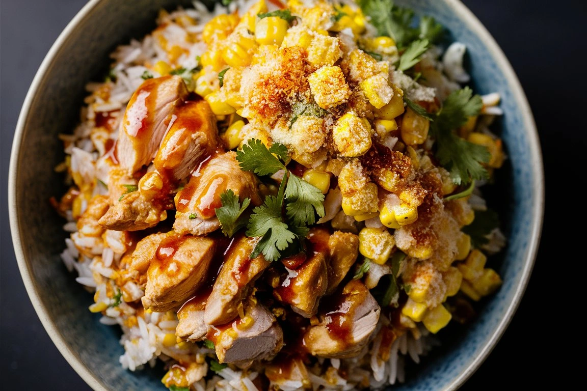 Grilled street corn topping a chicken rice bowl