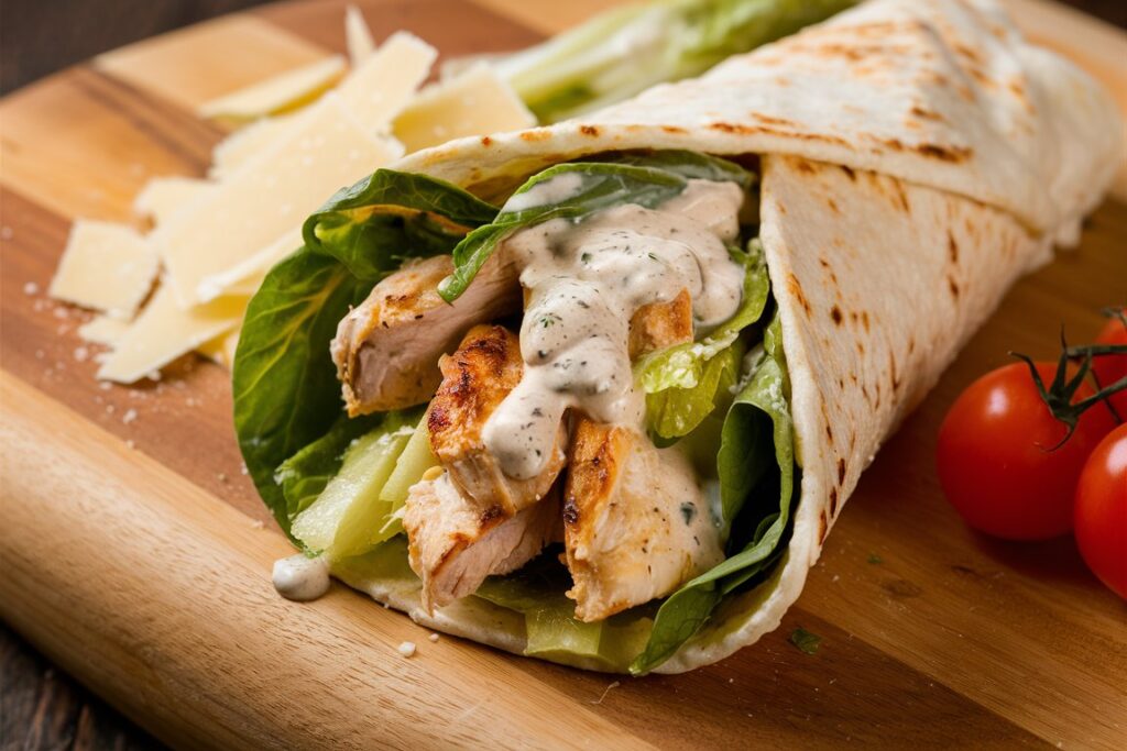  Delicious Chicken Caesar Wrap with crispy chicken and fresh greens.