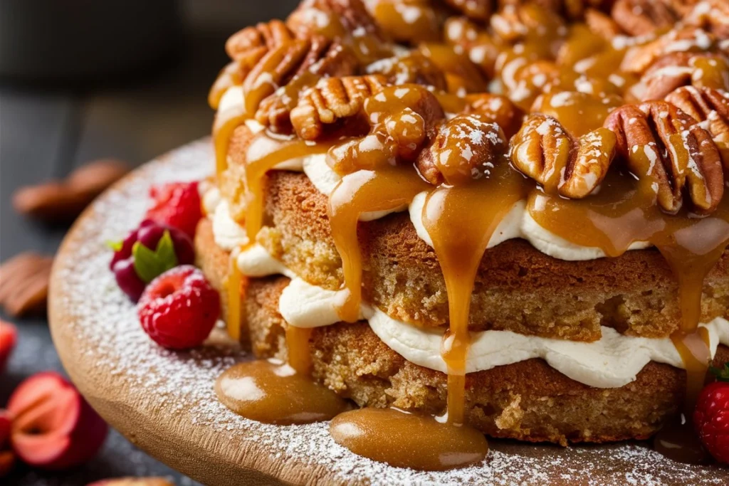 Moist Butter Pecan Praline Poke Cake topped with creamy frosting and crunchy pecans.