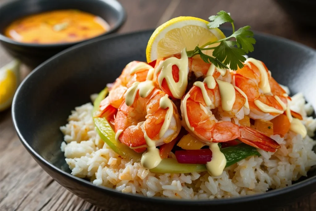 A delicious shrimp and rice bowl with a drizzle of spicy mayo, served with fresh lime wedges and a sprinkle of sesame seeds