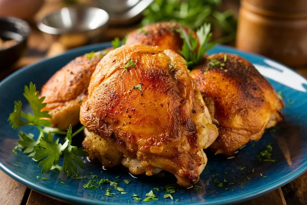 Bobby Flay's deliciously seasoned chicken thighs on a plate