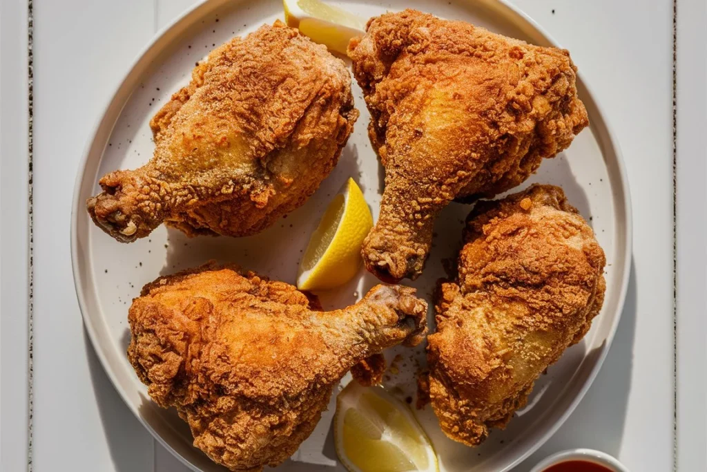  Golden crispy fried chicken made without buttermilk, full of flavor.