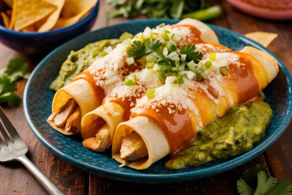  Creamy chicken sour cream enchiladas topped with melted cheese and fresh herbs.