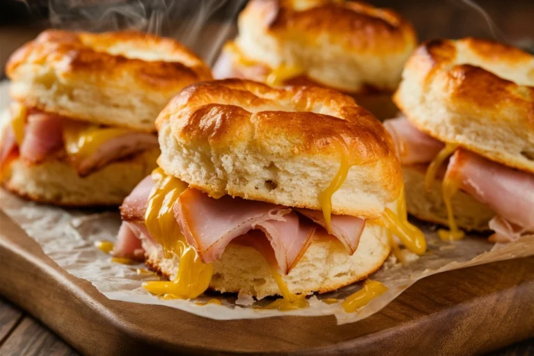 Fluffy Ham and Cheese Butter Swim Biscuits served in a dish with melted butter.