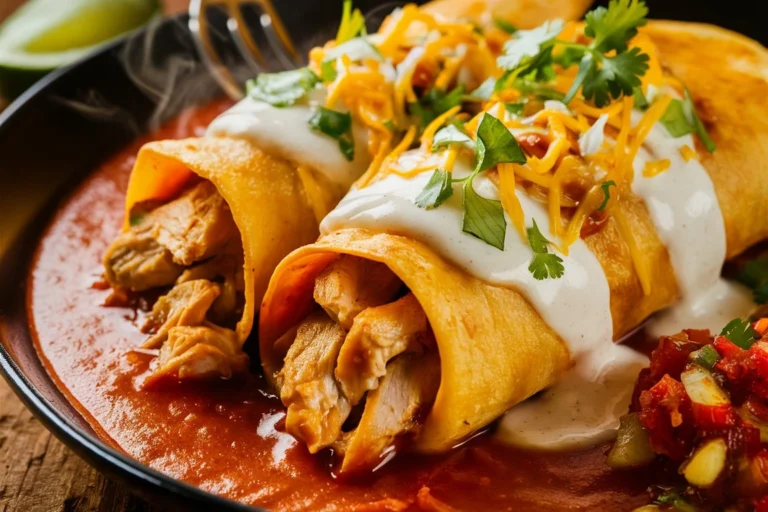 Close-up of baked chicken enchiladas with sour cream and melted cheese in a casserole dish.