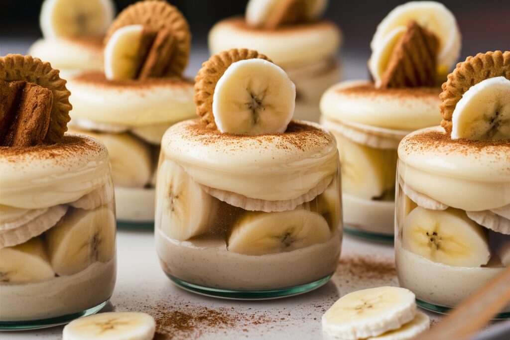 Close-up of mini banana puddings with whipped cream topping and crushed cookies.