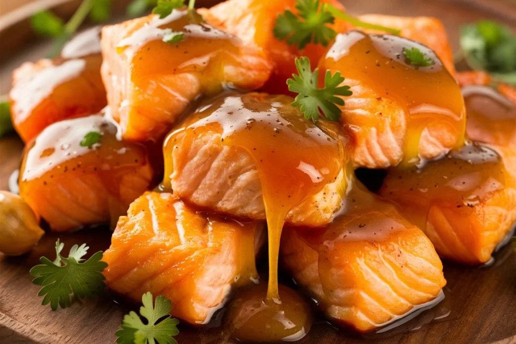 Close-up of honey garlic glazed salmon bites on a wooden platter with a drizzle of sauce.