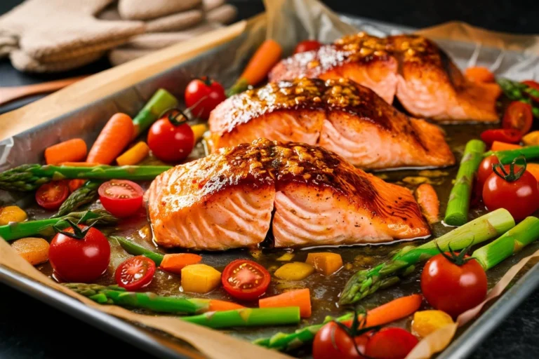 A perfectly roasted salmon fillet with a maple Dijon glaze, garnished with fresh herbs on a baking sheet