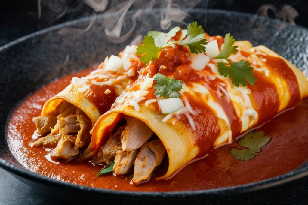 Plate of the best chicken enchiladas with melted cheese and savory red sauce.