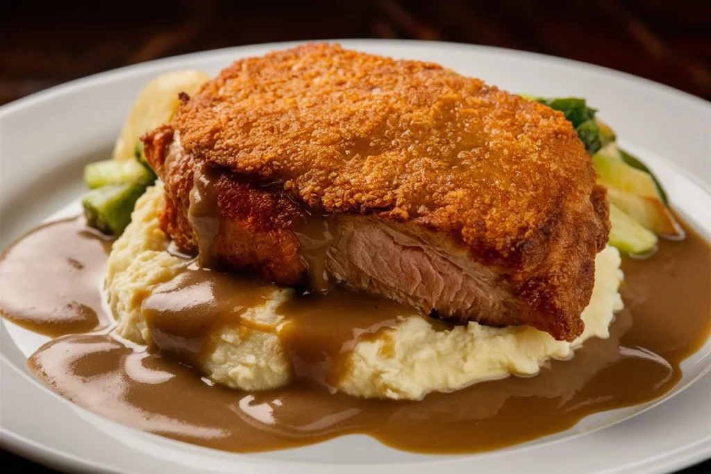 Chicken fried steak served with mashed potatoes and gravy.