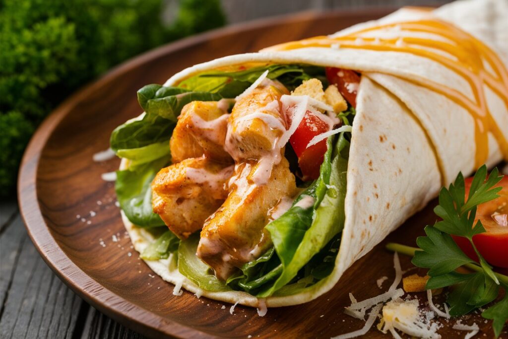 Chicken Caesar Wrap with creamy dressing and fresh ingredients.