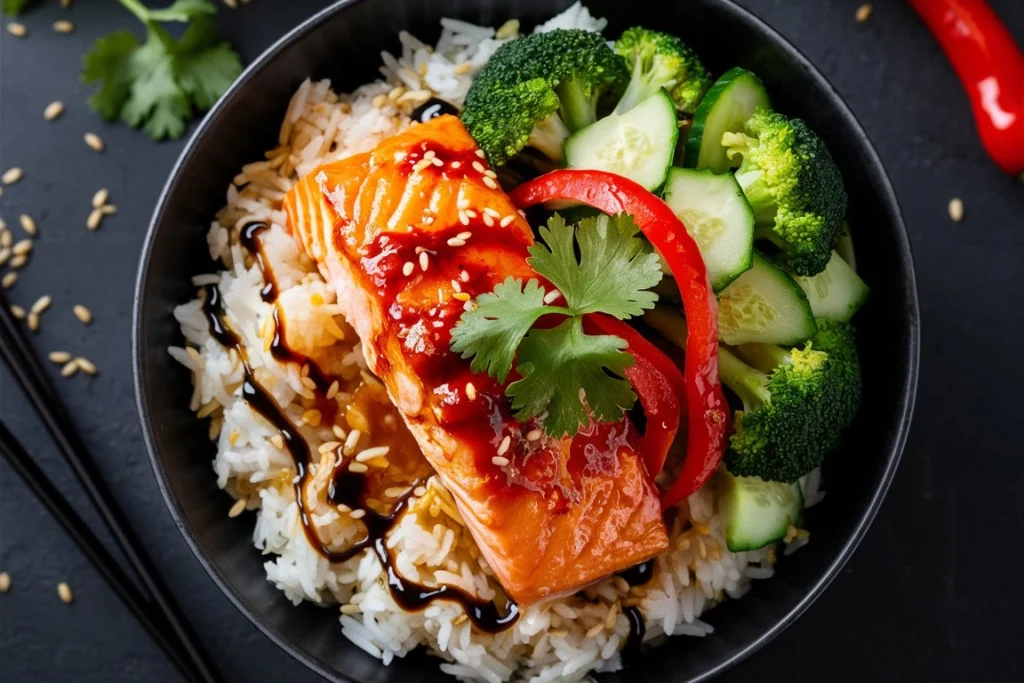 Sweet Chili Salmon Bowl with fresh vegetables and quinoa in a vibrant bowl.