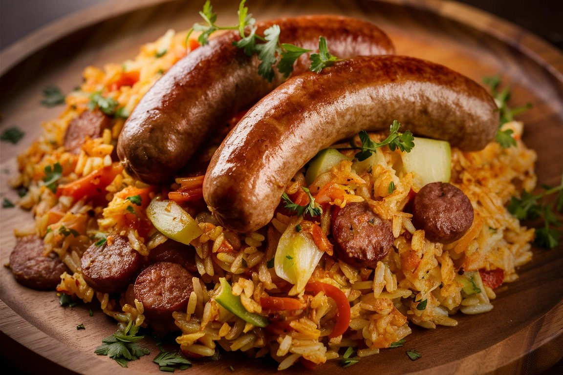 A pan filled with sizzling sausage, rice, and vegetables cooking on the stovetop.