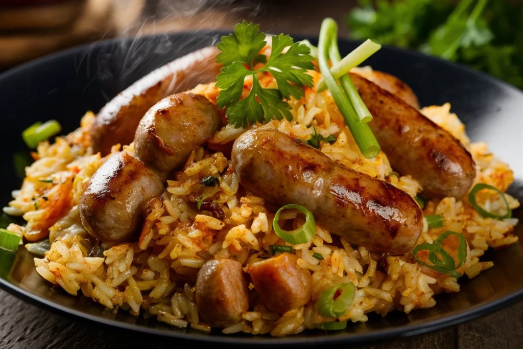 A close-up of a tasty sausage and rice dish on a white plate, sprinkled with fresh herbs.