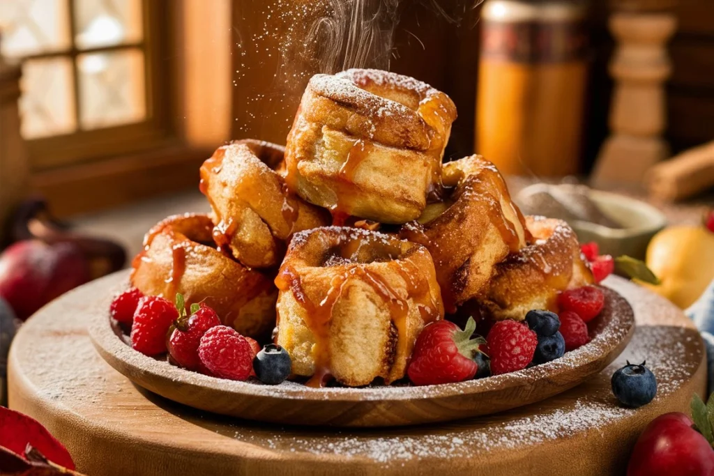 Close-up of Cinnamon Roll French Toast Bites with fresh berries and whipped cream.