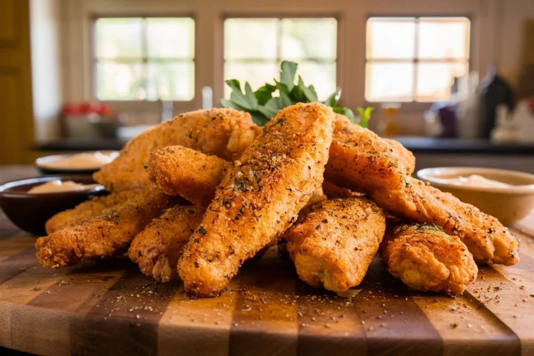 Golden, crispy chicken tenders served with a side of dipping sauce.