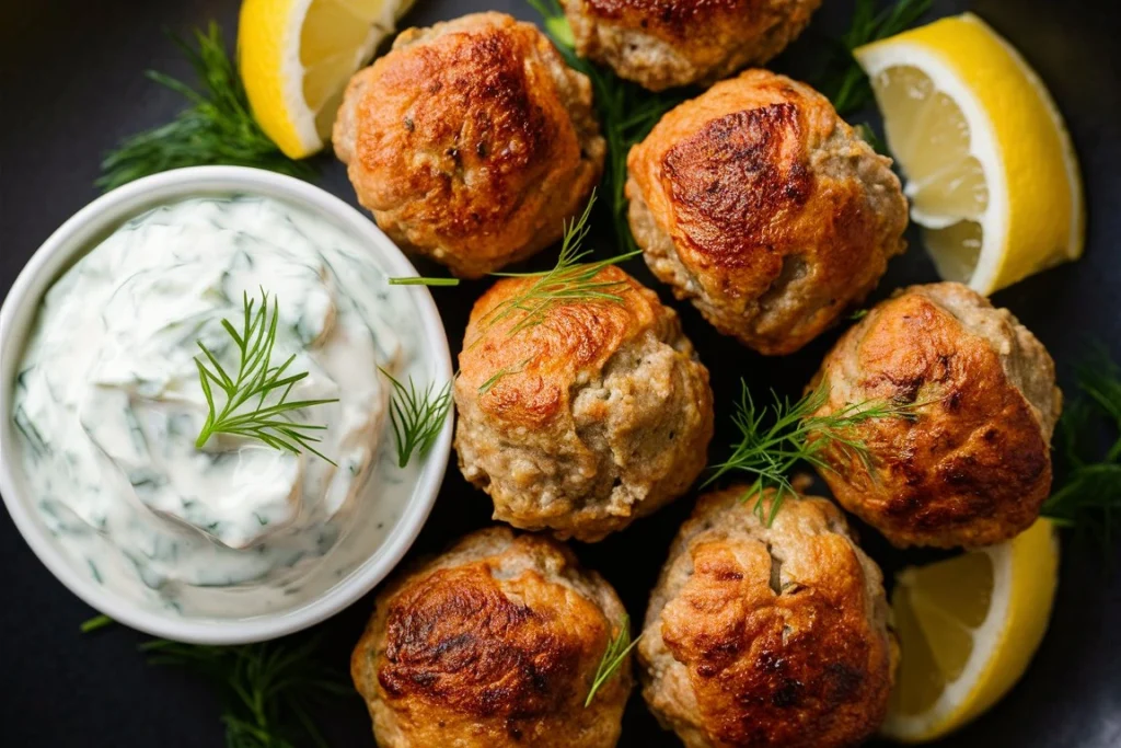 Juicy Greek turkey meatballs served with creamy tzatziki sauce on a white plate.