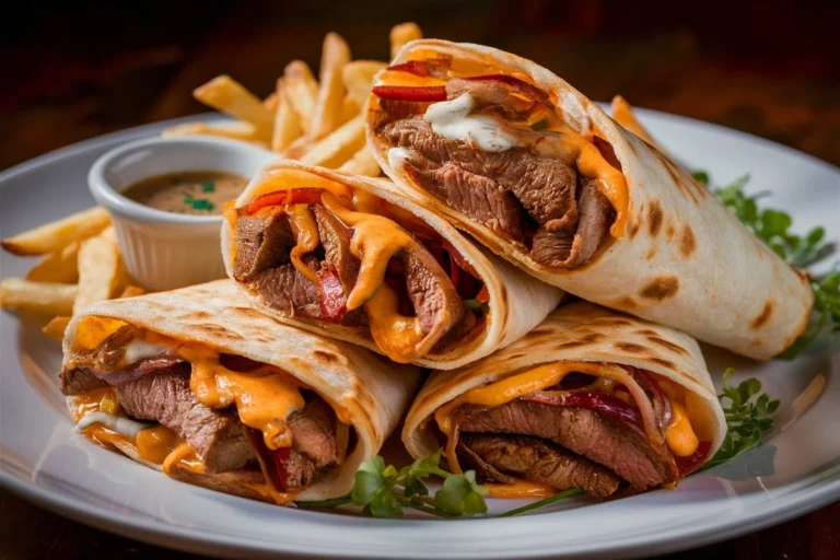 Philly Cheesesteak Quesadillas cut into wedges on a plate with veggies.