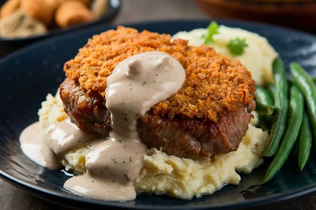  Crispy chicken fried steak topped with creamy white gravy.