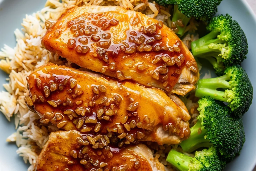 Juicy honey garlic chicken breasts sizzling in a skillet, coated with sweet and savory sauce