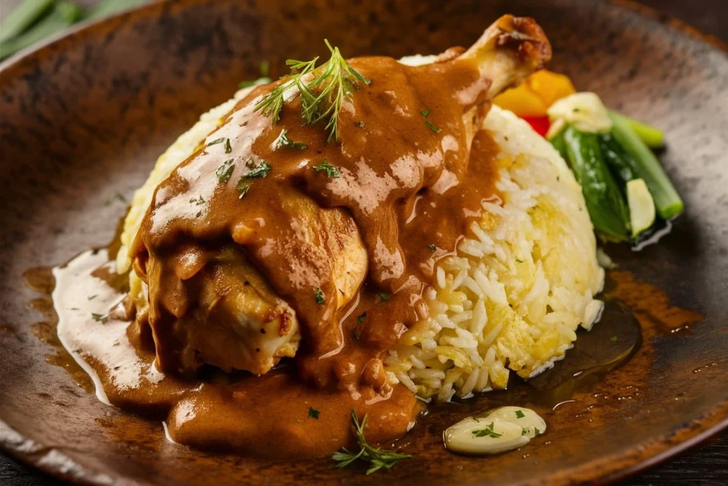 Close-up of a spoonful of smothered chicken and rice