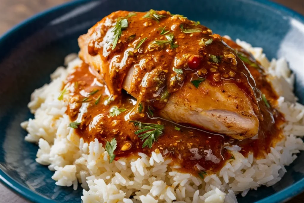  Smothered chicken served over rice with creamy gravy