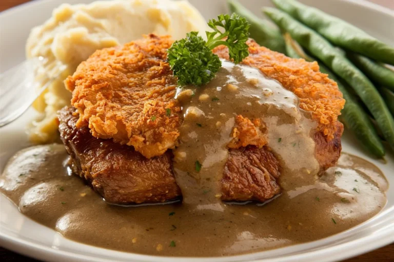 Close-up of crispy, golden chicken fried steak on a plate.