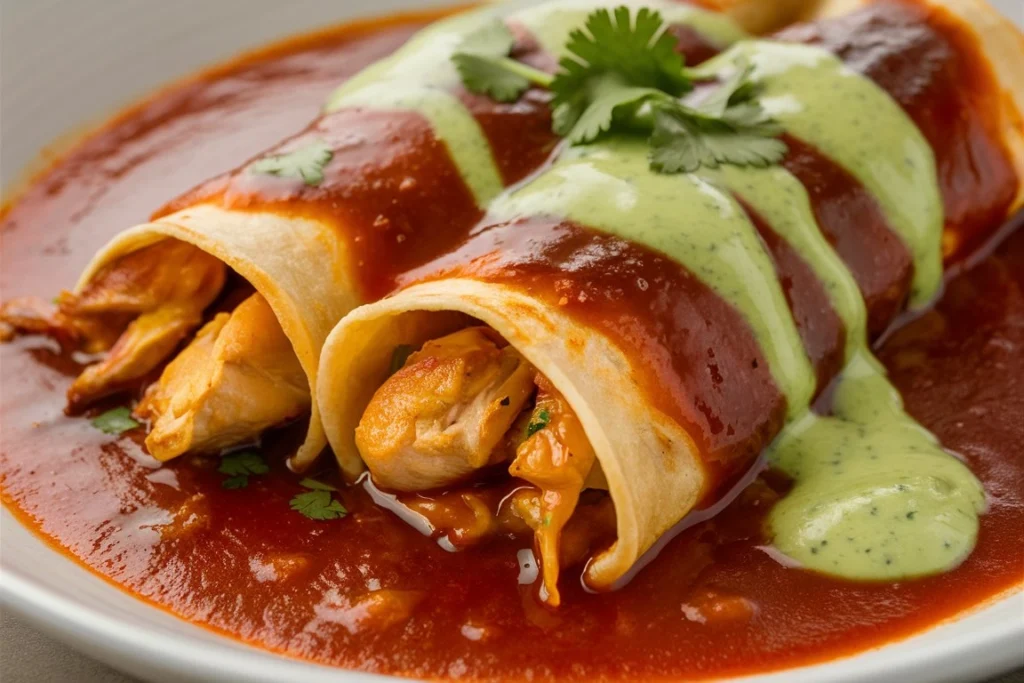 Close-up of chicken enchiladas being rolled with shredded chicken and sauce.