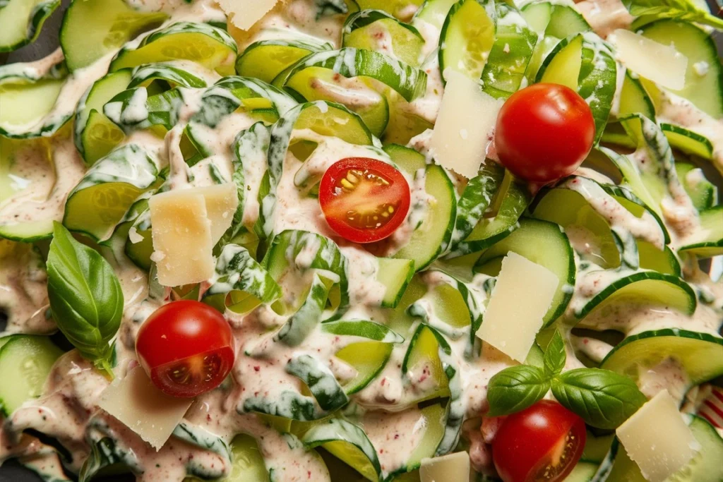 Sliced cucumbers coated in a rich, creamy Italian dressing.