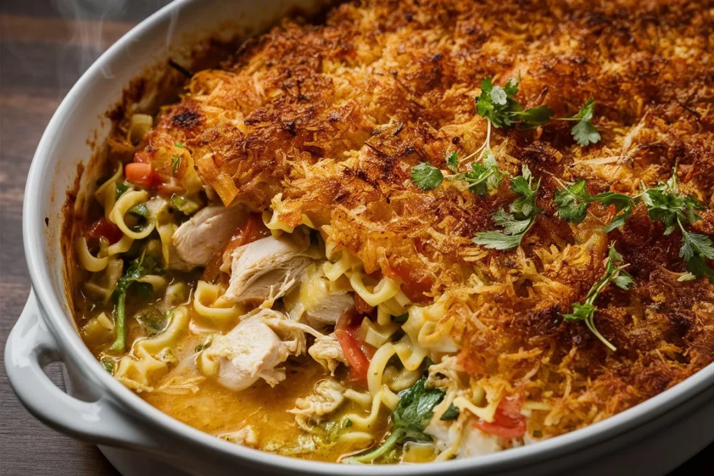 Creamy Chicken Noodle Casserole with golden, crispy topping