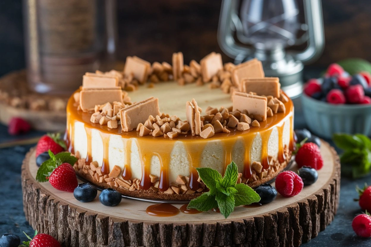 Ingredients for Caramel Toffee Crunch Cheesecake laid out on a kitchen counter.