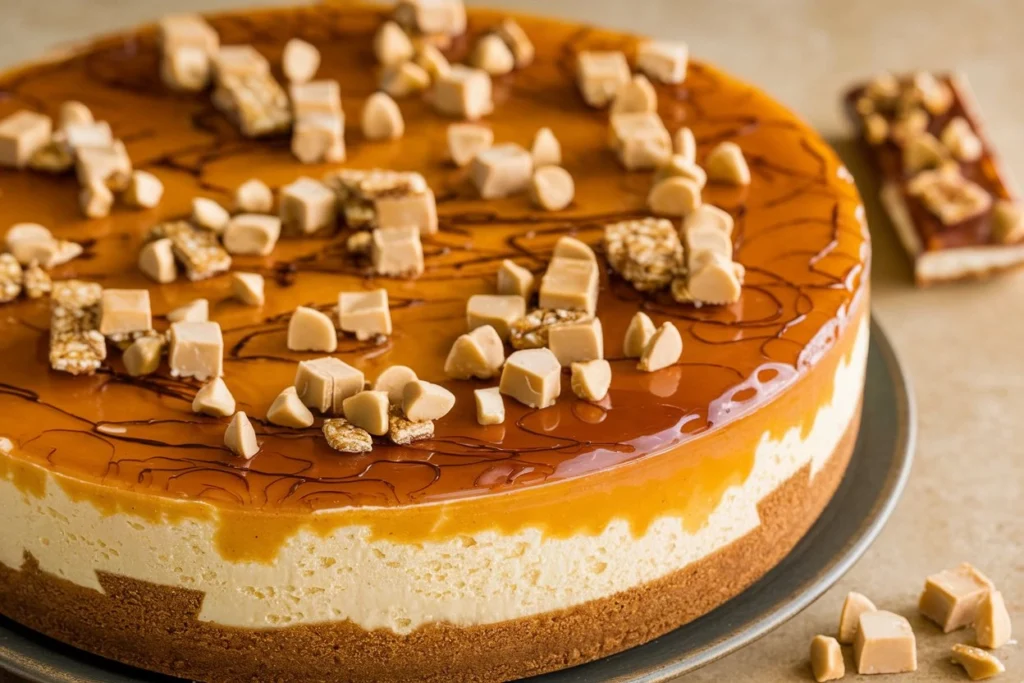  Caramel Toffee Crunch Cheesecake with caramel drizzle and toffee bits on top.