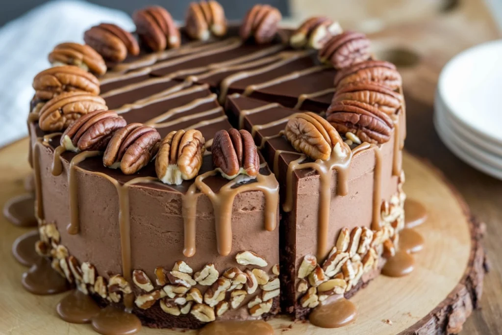 Sliced Caramel Turtle Poke Cake with caramel dripping