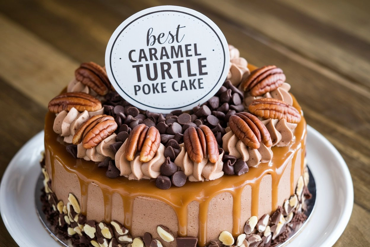 Close-up of Caramel Turtle Poke Cake topped with whipped cream