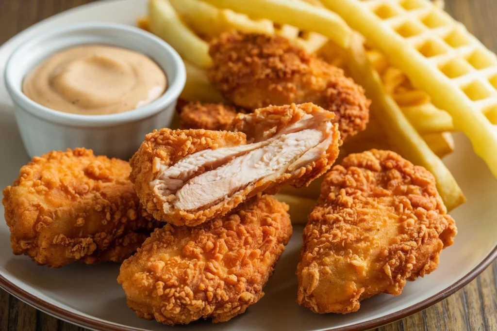 Crispy homemade Chick-Fil-A chicken tenders on a plate.